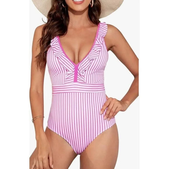 Swimsuit NWT  Women Ruffled V Neck Design Strapy Open Back One Piece Swimwear XL - Picture 2 of 11